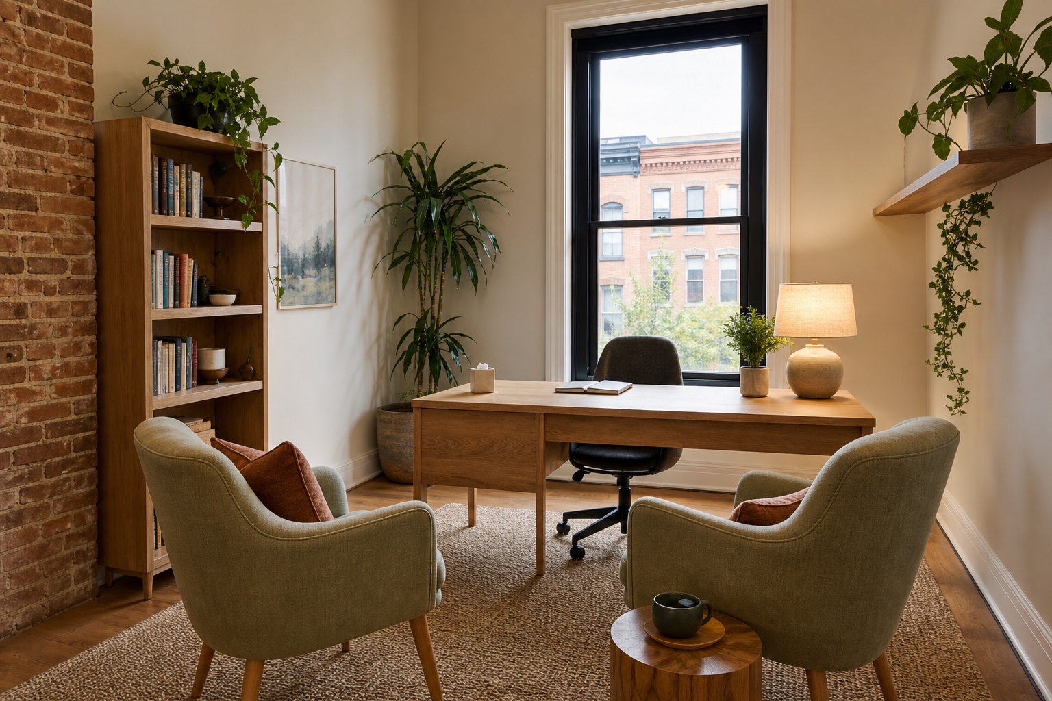 AI-created view of a warm, private professional wellness office